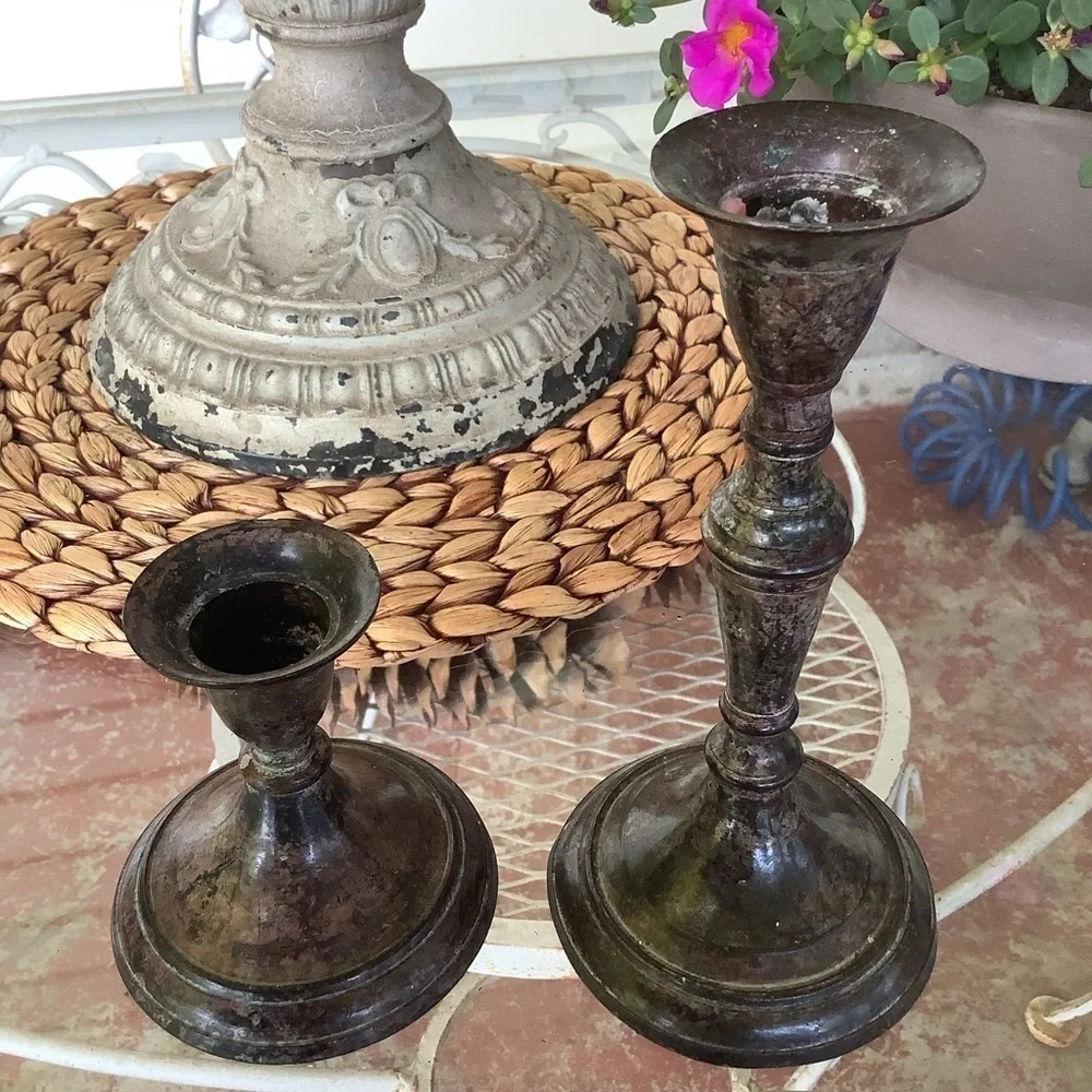 Vintage Antique Patina Silver Tone Candlesticks Taper Candle Holders